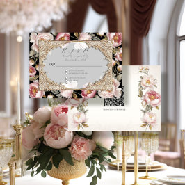 Tarjeta De Confirmación De Asistencia Peony Floral Elegante Oro Rosa y Boda Negro