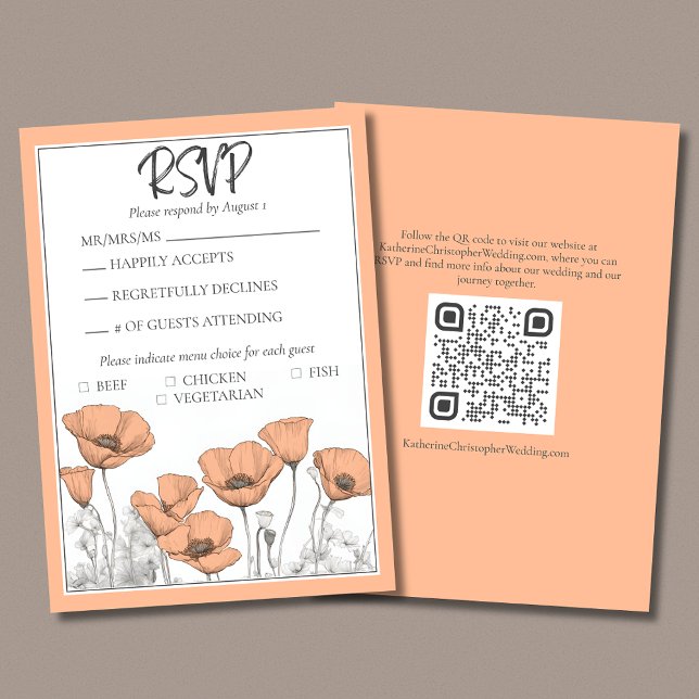 Tarjeta De Confirmación De Asistencia Personalizado California Poppy Peach Floral Boda (Custom California Poppies Floral Wedding RSVP Card in Peach Fuzz with QR code for wedding website.)