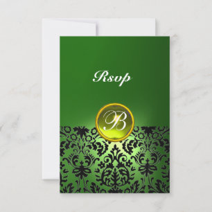Tarjeta De Confirmación De Asistencia Piedra preciosa DAMASK Monograma Amarillo Verde Rs
