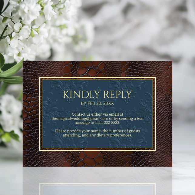 Tarjeta De Confirmación De Asistencia Piel de serpiente Leather Victorian Brown Boda (Snakeskin Leather Victorian Brown Wedding RSVP Card)