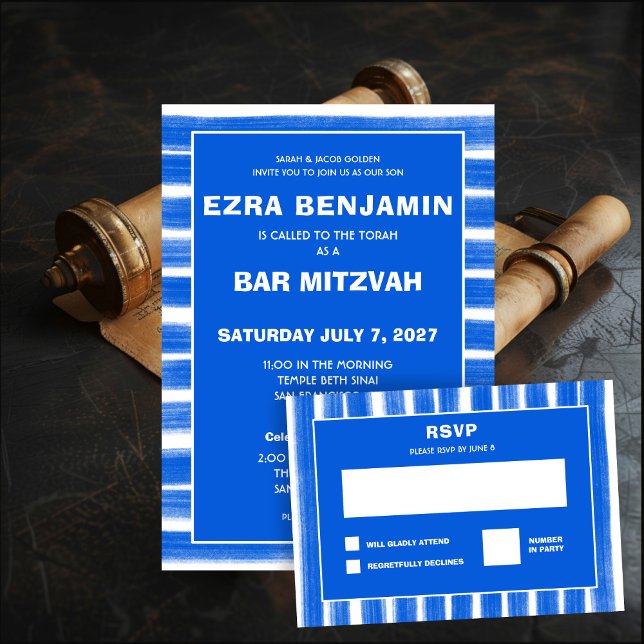 Tarjeta De Confirmación De Asistencia Pinceles Rayas Azul Personalizado Bar Bat Mitzvah (Brushstrokes Stripes Blue Custom Bar Bat Mitzvah RSVP Card
)