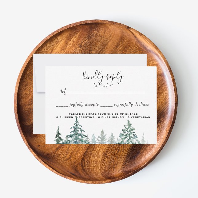 Tarjeta De Confirmación De Asistencia Pine Trees Lantern Elección de la comida botánica  (Winter Rustic Pine Trees Lantern Botanical Wedding Party Supplies)