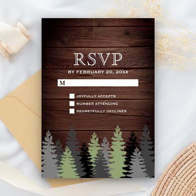 Tarjeta De Confirmación De Asistencia Pine Trees Rustic Wood Winter Wedding (Subido por el creador)