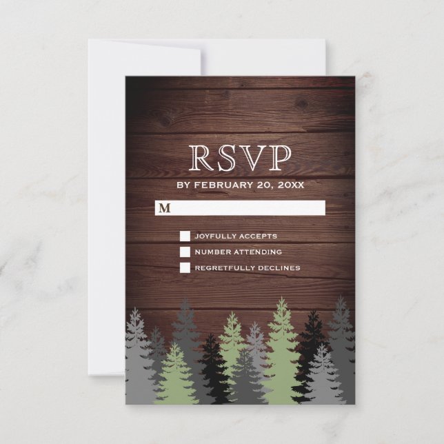 Tarjeta De Confirmación De Asistencia Pine Trees Rustic Wood Winter Wedding (Anverso)
