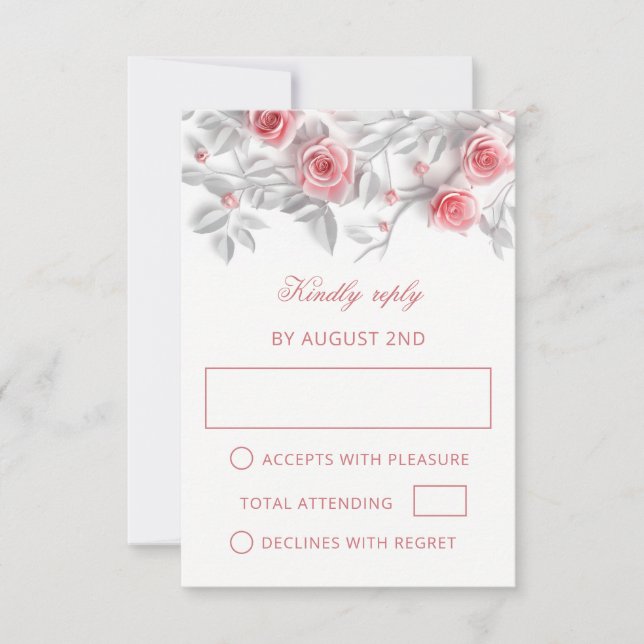 Tarjeta De Confirmación De Asistencia Pink 3D Roses Wedding (Anverso)
