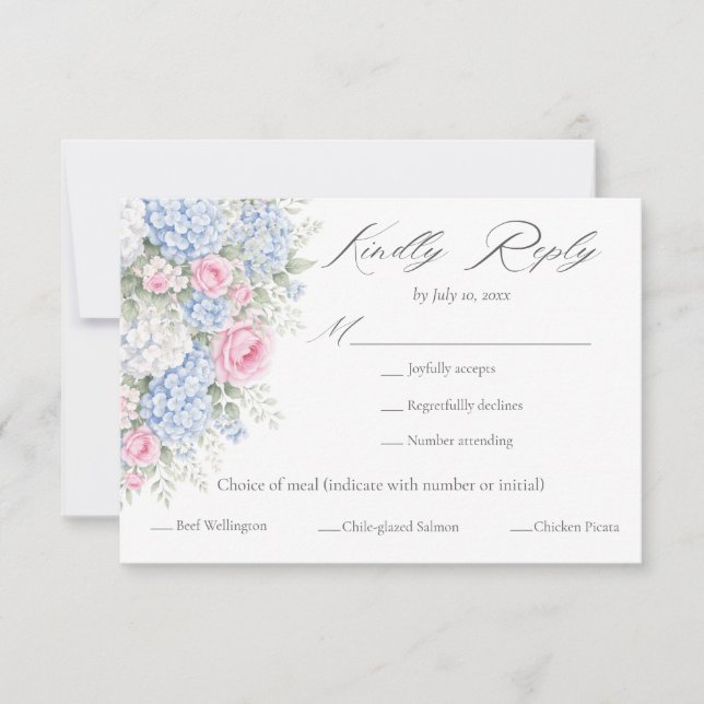 Tarjeta De Confirmación De Asistencia Pink and Blue Floral Garden Meal Choice Wedding (Anverso)