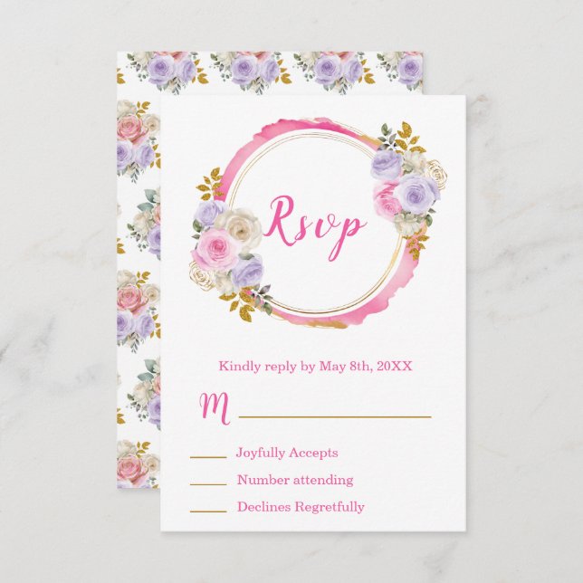 Tarjeta De Confirmación De Asistencia Pink and Purple Elegant Flowers Sweet Sixteen (Anverso / Reverso)