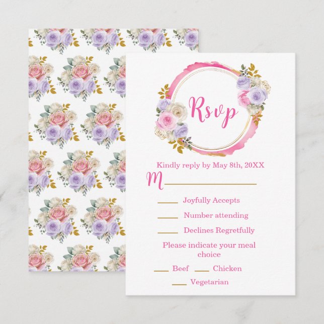 Tarjeta De Confirmación De Asistencia Pink and Purple Elegant Flowers Sweet Sixteen (Anverso / Reverso)