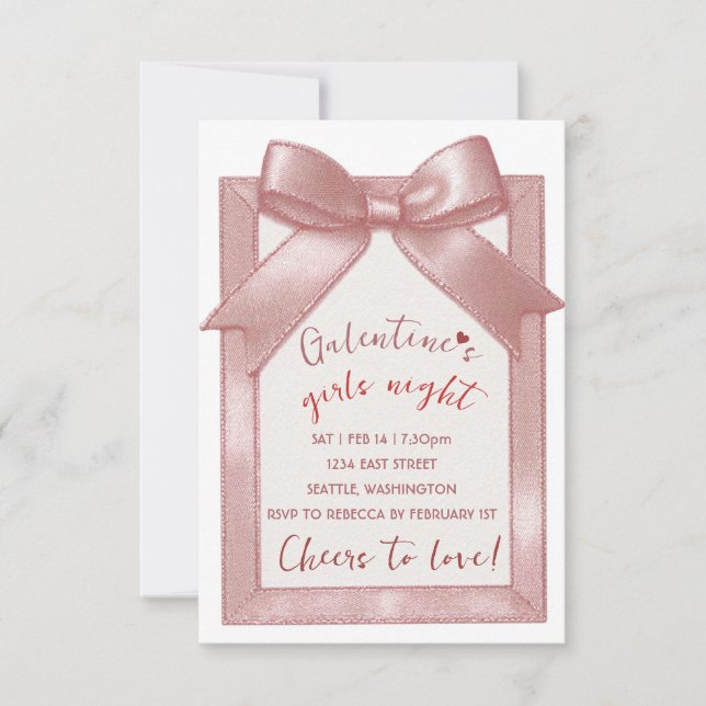 Tarjeta De Confirmación De Asistencia Pink Bow Custom Galentine's Party Invitation (Anverso)