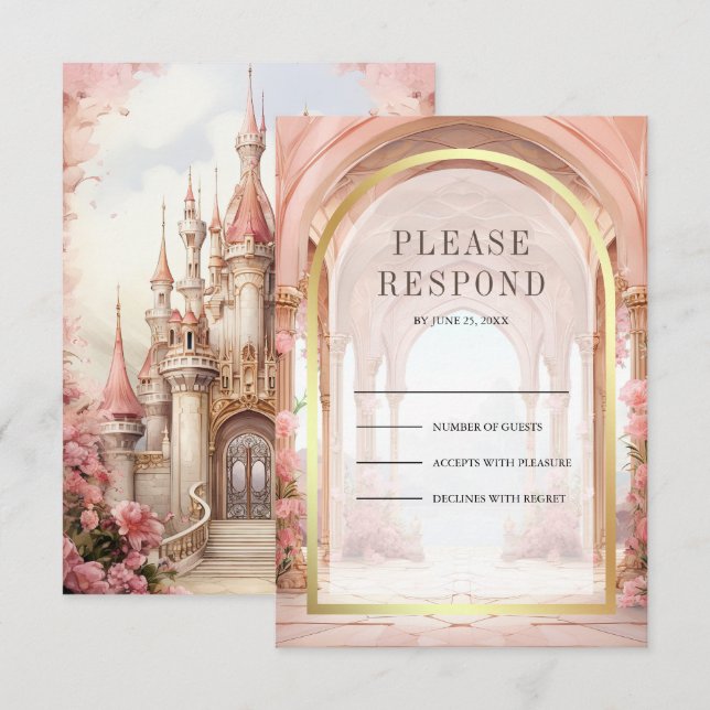 Tarjeta De Confirmación De Asistencia Pink Floral Fairytale Castle Wedding (Anverso / Reverso)