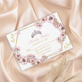 Tarjeta De Confirmación De Asistencia Pink Golden Tiara Butterfly Quinceañera