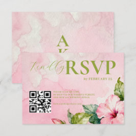 Tarjeta De Confirmación De Asistencia Pink Green Floral Summer Watercolor QRcode Wedding