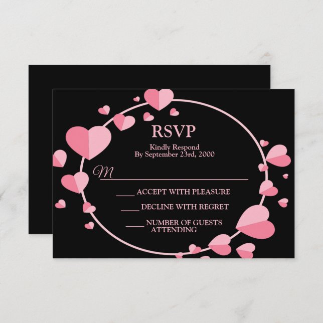 Tarjeta De Confirmación De Asistencia Pink Heart Black Geometric Wedding Party Elegant (Anverso / Reverso)