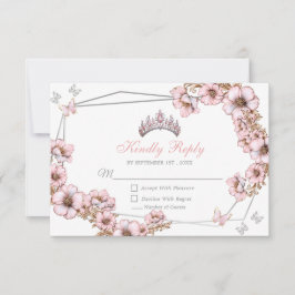 Tarjeta De Confirmación De Asistencia Pink Silver Tiara Butterfly Quinceañera
