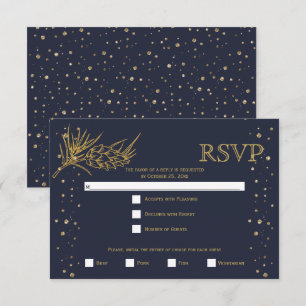 Tarjeta De Confirmación De Asistencia Pino purpurina dorado, boda de invierno azul media