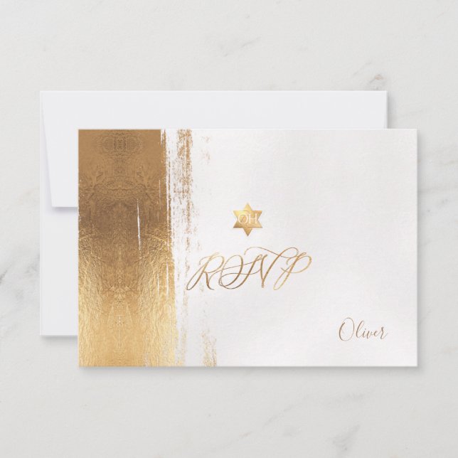 Tarjeta De Confirmación De Asistencia PixDezines Faux Gold Brustrokes Mitzvah ✡ (Anverso)
