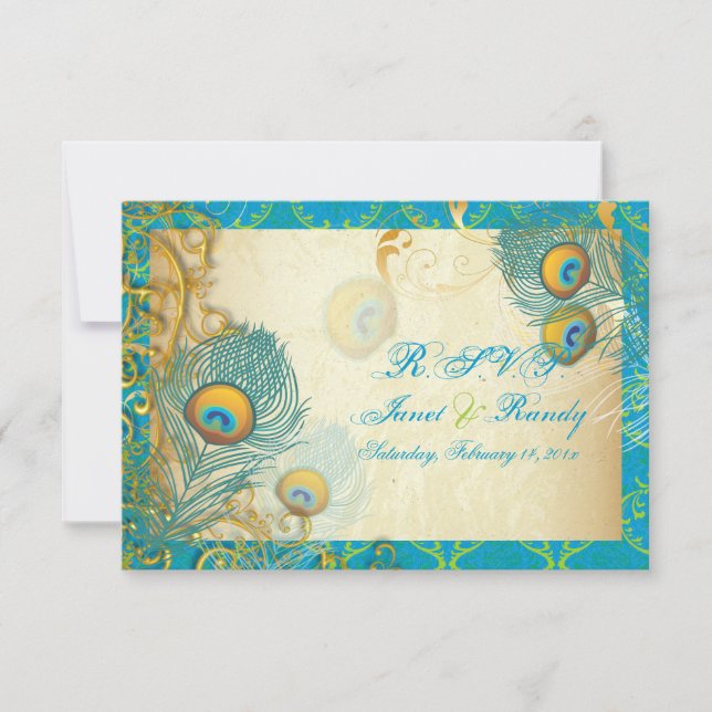 Tarjeta De Confirmación De Asistencia PixDezines pluma de pavo real/aqua/turquesa (Anverso)