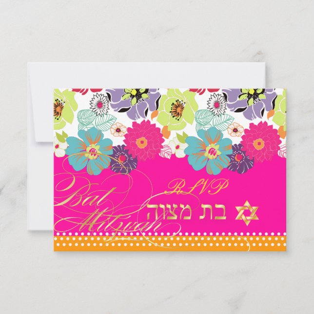 Tarjeta De Confirmación De Asistencia PixDezines rsvp/Alegre floral retro, Bat Mitzvah (Anverso)