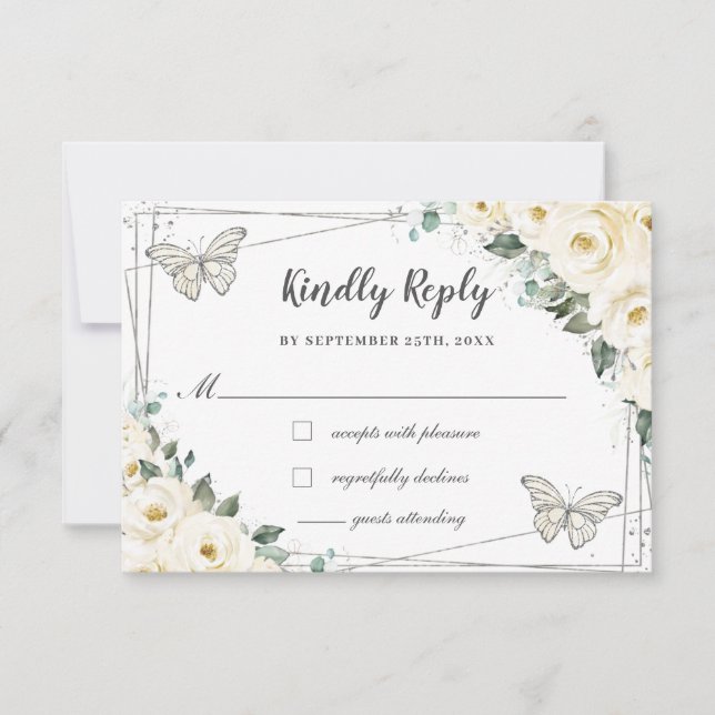 Tarjeta De Confirmación De Asistencia Plata floral marrón blanca Quinceañera Butterflies (Anverso)