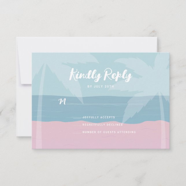 Tarjeta De Confirmación De Asistencia Playa Tropical Rosa Azul Palmeras Bat Mitzvah (Anverso)