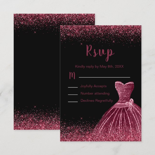 Tarjeta De Confirmación De Asistencia Plum Purple Dress Faux Glitter Quinceanera (Anverso / Reverso)