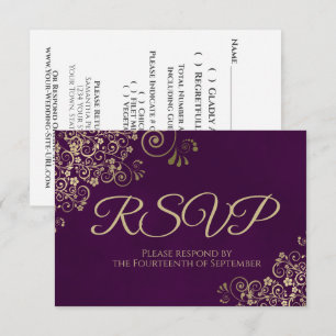 Tarjeta De Confirmación De Asistencia Plum Purple & Elegant Gold Lace Frilly Boda