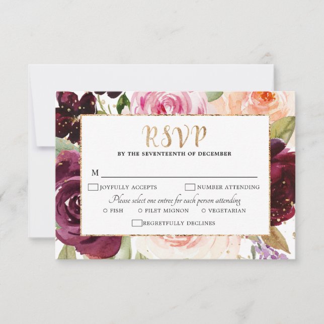 Tarjeta De Confirmación De Asistencia Plum Purple Rubor Boda bucal rosa (Anverso)