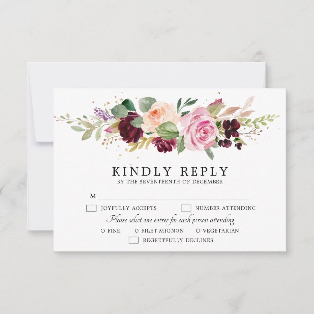 Tarjeta De Confirmación De Asistencia Plum Purple Rubor Boda bucal rosa (Anverso)