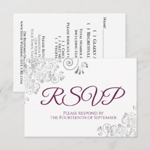 Tarjeta De Confirmación De Asistencia Pluma magenta sobre Boda de encaje plateado elegan