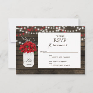 Tarjeta De Confirmación De Asistencia Poinsettia de madera de grano masón tarro boda rús