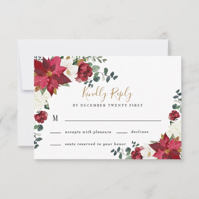 Tarjeta De Confirmación De Asistencia Poinsettia Elegante Boda Floral Blanco Oro Rojo (Anverso)