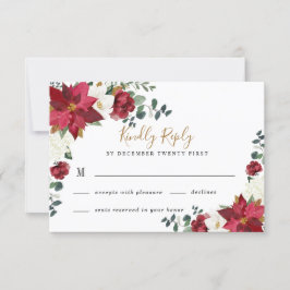 Tarjeta De Confirmación De Asistencia Poinsettia Elegante Boda Floral Blanco Oro Rojo