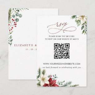 Tarjeta De Confirmación De Asistencia Poinsettias Piñas de Navidad Boda de Navidad QR CO