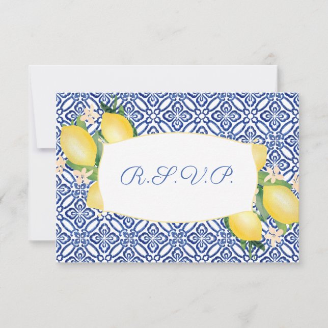 Tarjeta De Confirmación De Asistencia Positano Lemons Blue Tiles Boda Comida Elección (Anverso)