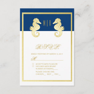 Tarjeta De Confirmación De Asistencia Preppy Beach caballito de mar Navy Gold Wedding RS