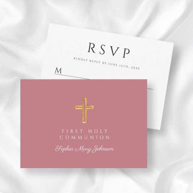Tarjeta De Confirmación De Asistencia Primera comunión de Chica rosa y polvoriento (Religious Cross Dusty Pink Girl First Communion RSVP Card)
