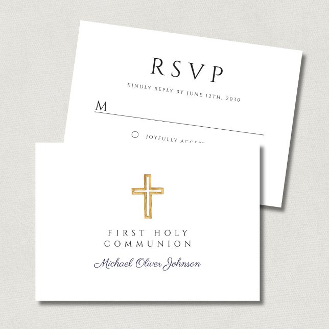 Tarjeta De Confirmación De Asistencia Primera comunión del niño azul de la cruz religios (Religious Cross Navy Blue Boy First Communion RSVP Card)