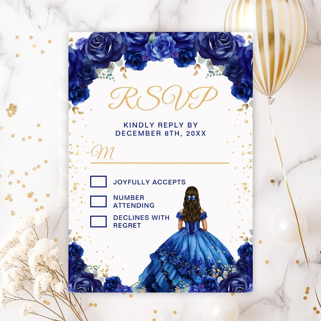 Tarjeta De Confirmación De Asistencia Princesa Azul Oscura Floral Quinceañera (Subido por el creador)