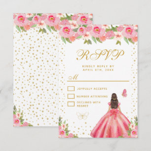 Tarjeta De Confirmación De Asistencia Princesa de cabello castaño con flores rosadas Swe