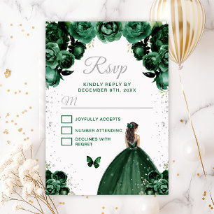 Tarjeta De Confirmación De Asistencia Princesa de cabello oscuro verde y plata