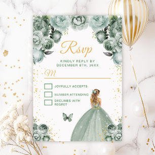 Tarjeta De Confirmación De Asistencia Princesa de Cabello Rubio Verde Salvia y Dorado
