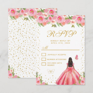 Tarjeta De Confirmación De Asistencia Princesa de Dieciséis Años con Flores Rosadas y Pi