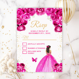 Tarjeta De Confirmación De Asistencia Princesa de pelo de brunette de oro y rosa calient