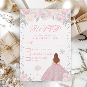 Tarjeta De Confirmación De Asistencia Princesa de pelo marrón de invierno rosa Cumpleaño