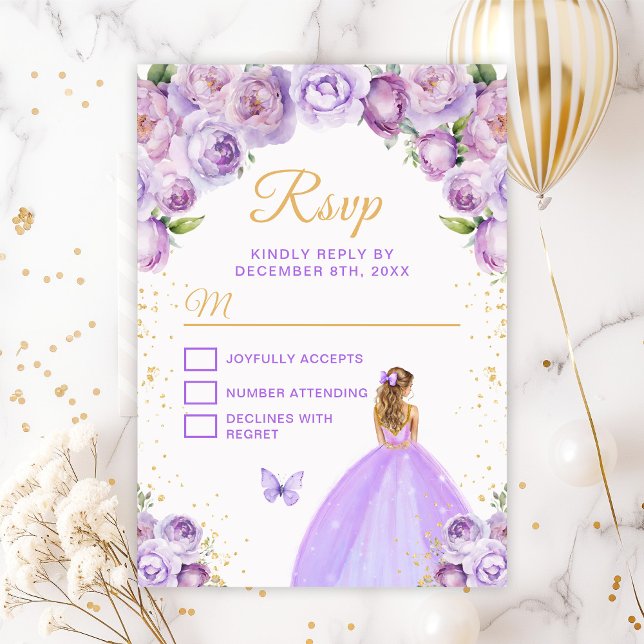 Tarjeta De Confirmación De Asistencia Princesa de pelo morado claro y dorado (Subido por el creador)
