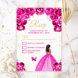 Tarjeta De Confirmación De Asistencia Princesa de Piel Oscura Hot Pink y Gold