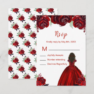 Tarjeta De Confirmación De Asistencia Princesa de Piel Oscura Rojo Floral Dulces Diecisé