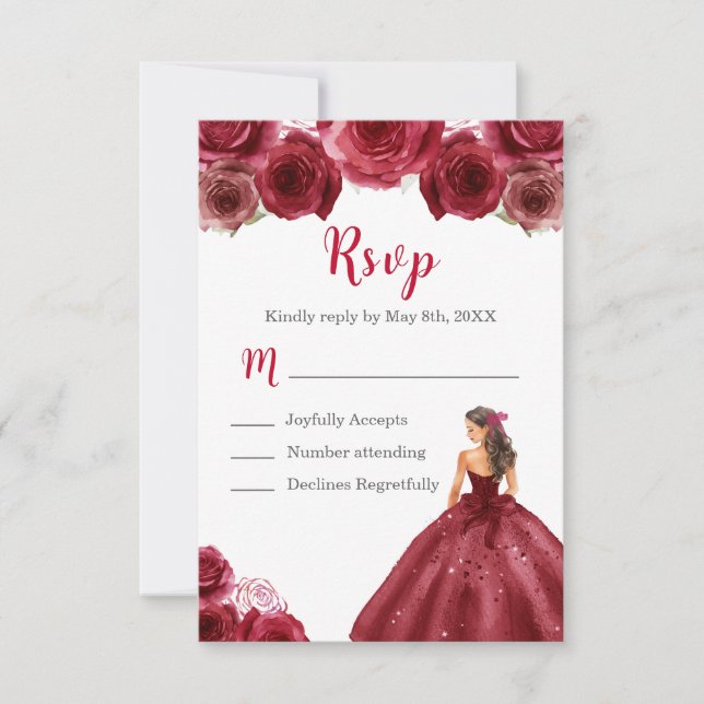 Tarjeta De Confirmación De Asistencia Princesa Floral con un vestido rojo (Anverso)