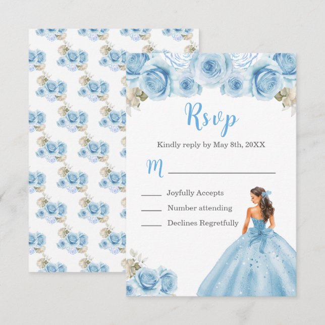 Tarjeta De Confirmación De Asistencia Princesa floral con vestido azul claro (Anverso / Reverso)