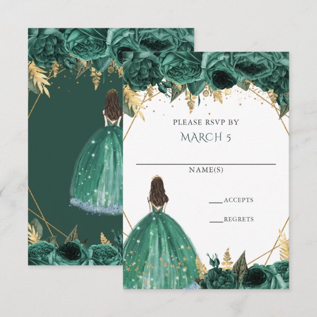 Tarjeta De Confirmación De Asistencia Princesa floral de oro verde esmeralda Quinceanera (Anverso / Reverso)